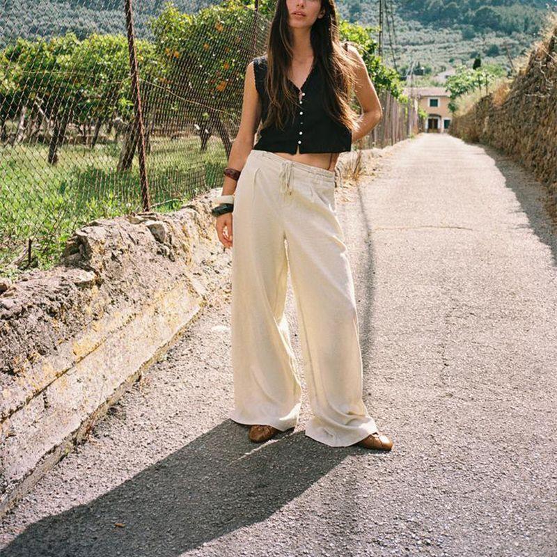 Summer New Product Women's Clothes Pleated Decorative Linen Blend Plaid High Waist Wide Leg Casual Trousers 4745024