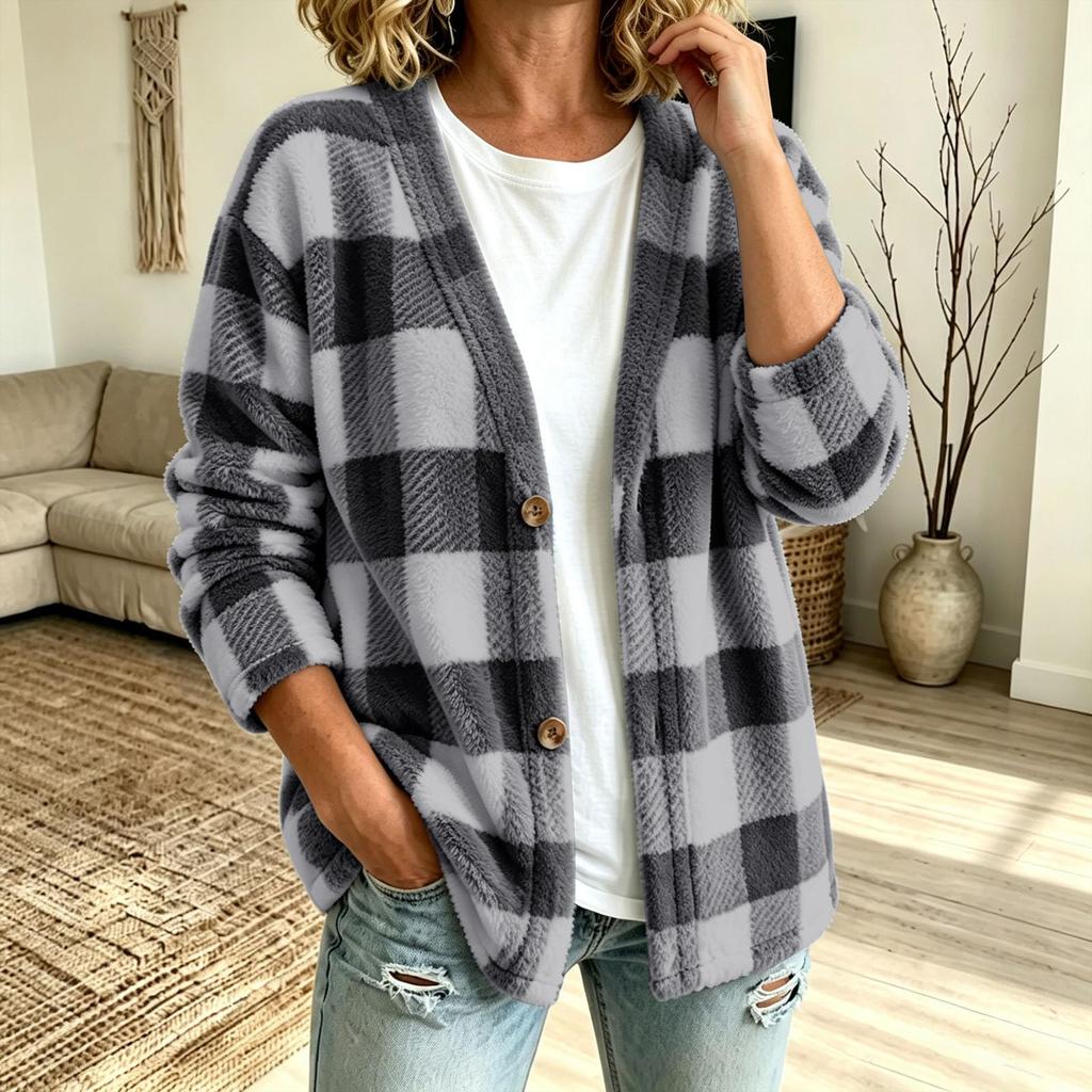 Women's Casual Plaid Cardigan V-Neck Loose Fit Open Front Jacket