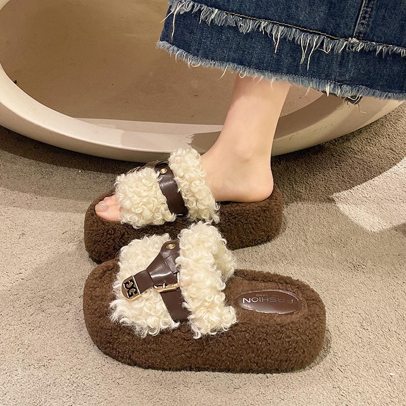 Thick-bottomed Fluffy Slippers for Women's Outerwear 2025 Autumn New Fashion Belt Buckle Lazy Casual Teddy Curly Slippers