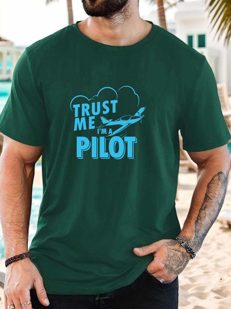 T-Shirt Print 100% Cotton Pilot Slogan Pattern Summer Round Neck Breathable Men's Short Sleeves Loose Cotton Tee Daily Top