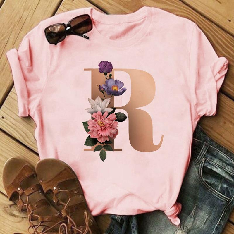 Stylish Gold 26 Letter Floral Print T-shirt Black Oversized for Men And Women Summer Polyester Fabric T-Shirt