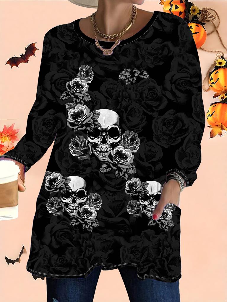 2025 Autumn Winter New Plus Size Women's Tops, Halloween 3D Print Fashion Crew Neck Long Sleeve T-Shirts