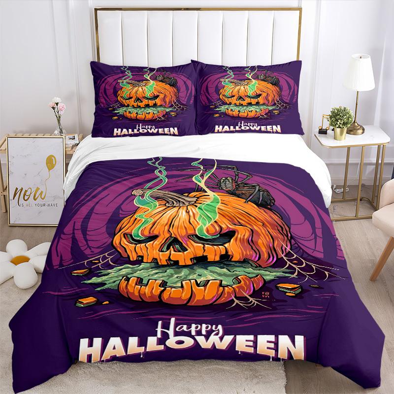 3pcs Halloween Pumpkin Duvet Cover Set - Machine Washable, Includes 1 Cover and 2 Pillowcases, No Core Included Yy251013063