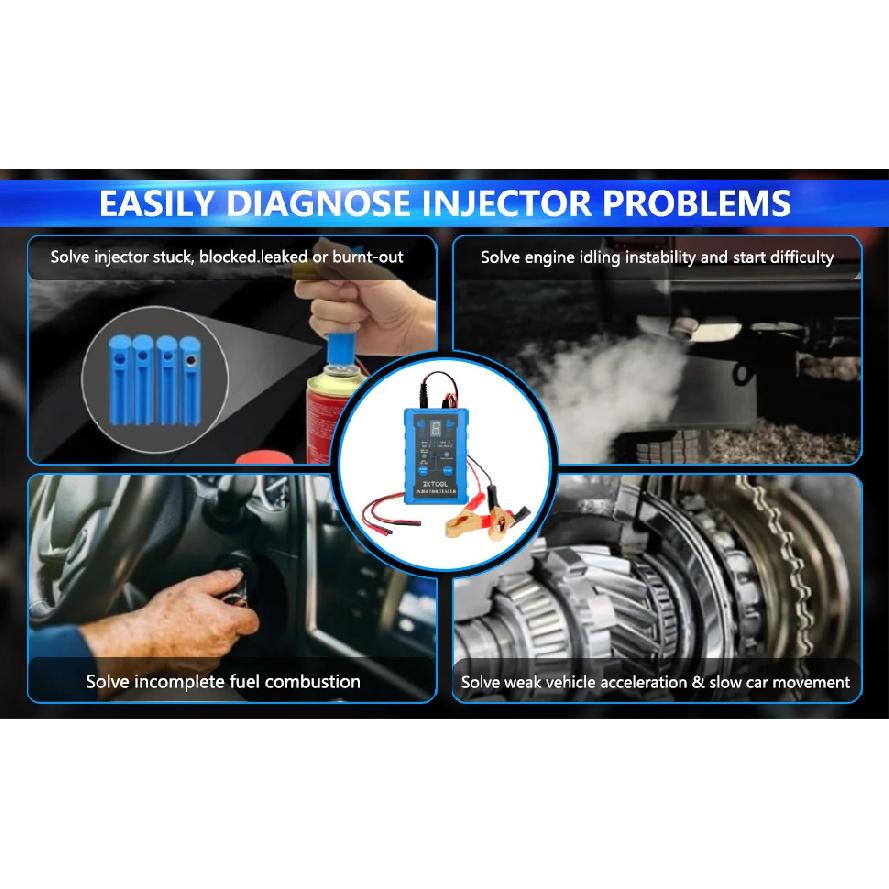 Kit d'outils de test et de nettoyage universels pour injecteurs de carburant avec 8 modes d'impulsion, double canal 4 fils (pour 2 injecteurs), Adaptateurs 8 Tailles,