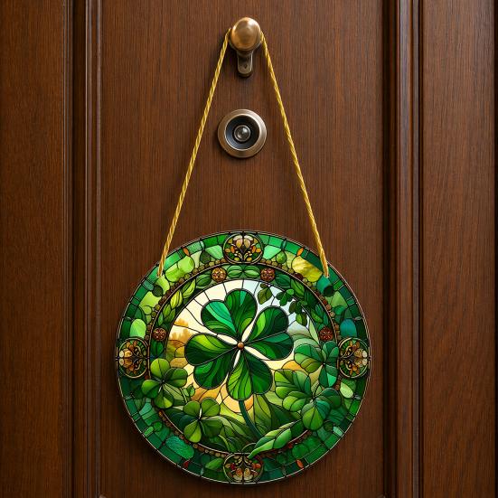 Yousheng St. Patrick's Day Acrylic Suncatcher, Green Four Leaf Clover Window Hanging Ornament, Stained Glass Style Irish Lucky Sun Catcher Decor for