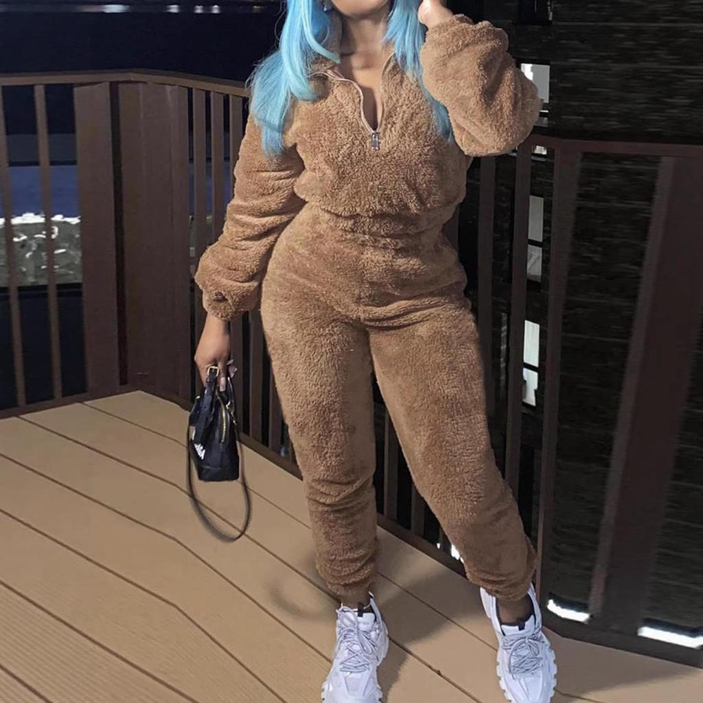 European & American Women's Solid Color Long Sleeve Plush Suit - Autumn/Winter Fashion Casualwear