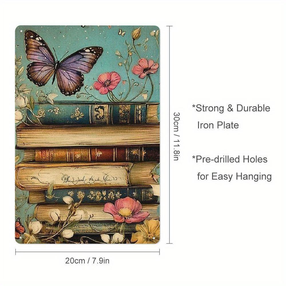 

Vintage Books Flowers Metal Wall Art Sign x Inches Rustic Farmhouse Decor with Butterflies Stack of Old Books Design 20x30cm（7.8x11.8inch）