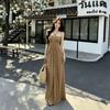 Summer French Pure Desire Strapless Elegant Socialite Oatmeal Brown Waist-Enhancing Sleeveless Pleated Long Dress Dress Women's Wear
