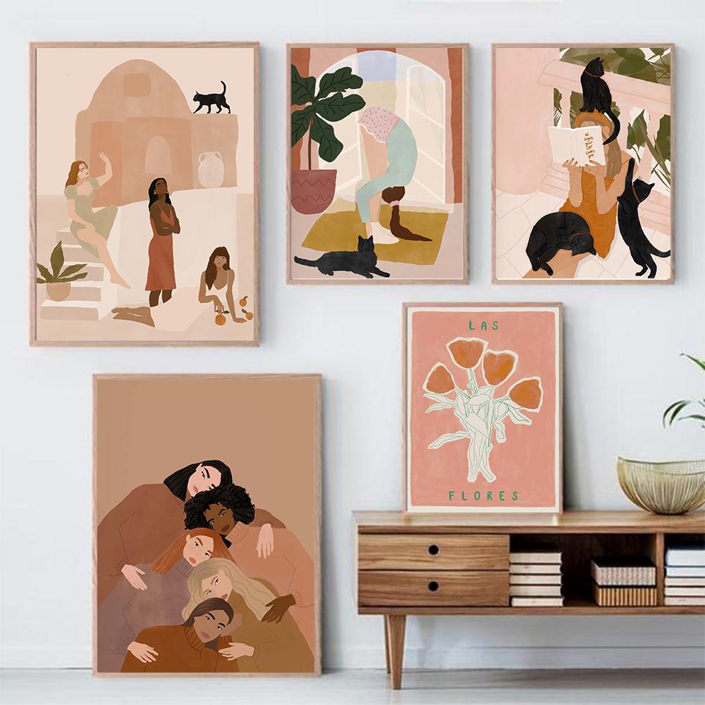 Boho Women Empowerment Wall Art Canvas Painting Female Posters And Print Black Cat with Girl Wall Pictures For Living Room Decor