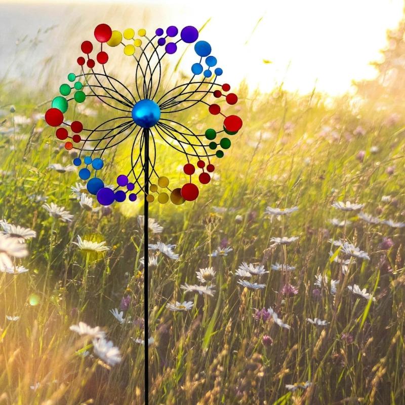 Iron Flower Windmill Toy Garden Spinner for Windmill Yard Garden Balcony Vertical Rainbow Windmill Spinner