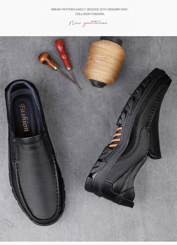 Men's Large Slip-On Leather Shoes: Breathable, Soft Sole, Anti-Slip Casual Comfort for Middle-Aged Dads