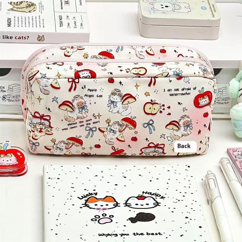 Cute Tomato Apple Cat Printed Pencil Bag Student Large Capacity Multi-Layer Stationery Storage Bag Gift