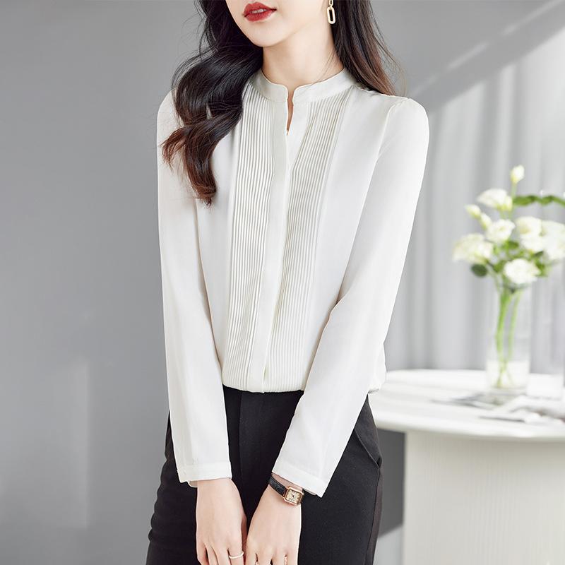 

Heavy silk shirt women s long-sleeved spring clothes new temperament V-neck mulberry silk top M білий