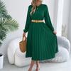 Women's Casual Color Long,sleeved Pleated Dress With Pockets