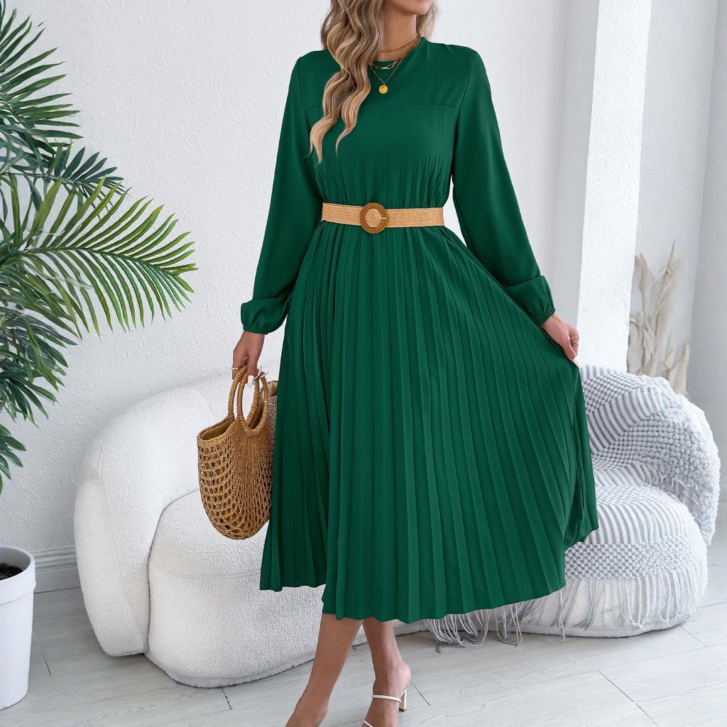 Women's Casual Color Long,sleeved Pleated Dress With Pockets