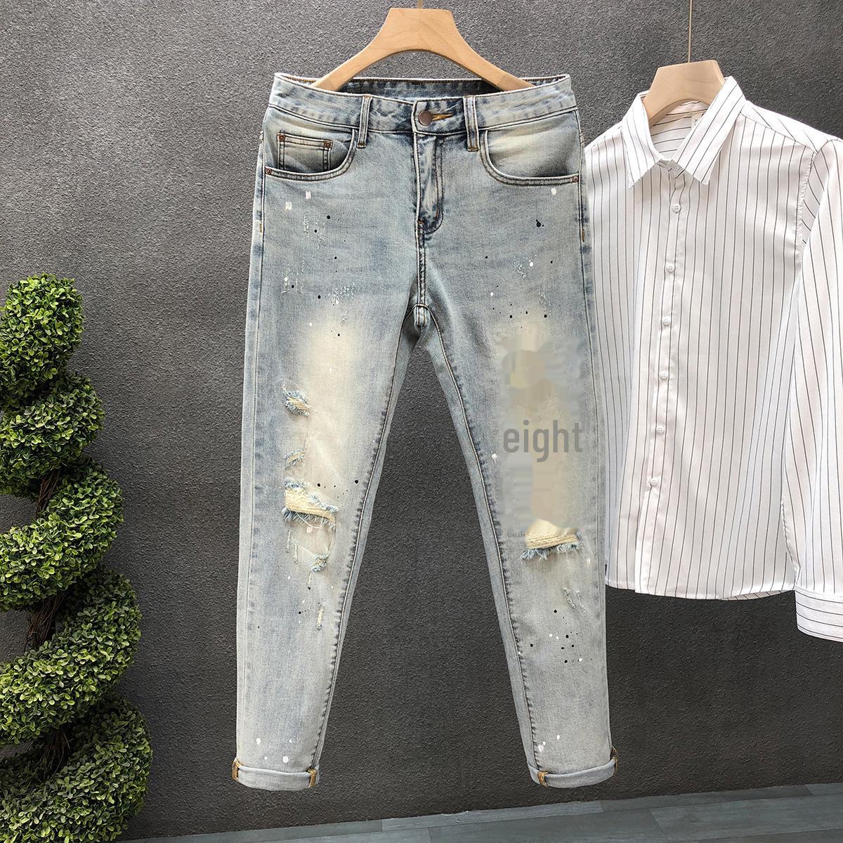 

Мужские облегающие джинсы Nine-Point с необработанными краями и потертостями — летний тонкий корейский стиль 29 (100-110 lbs)