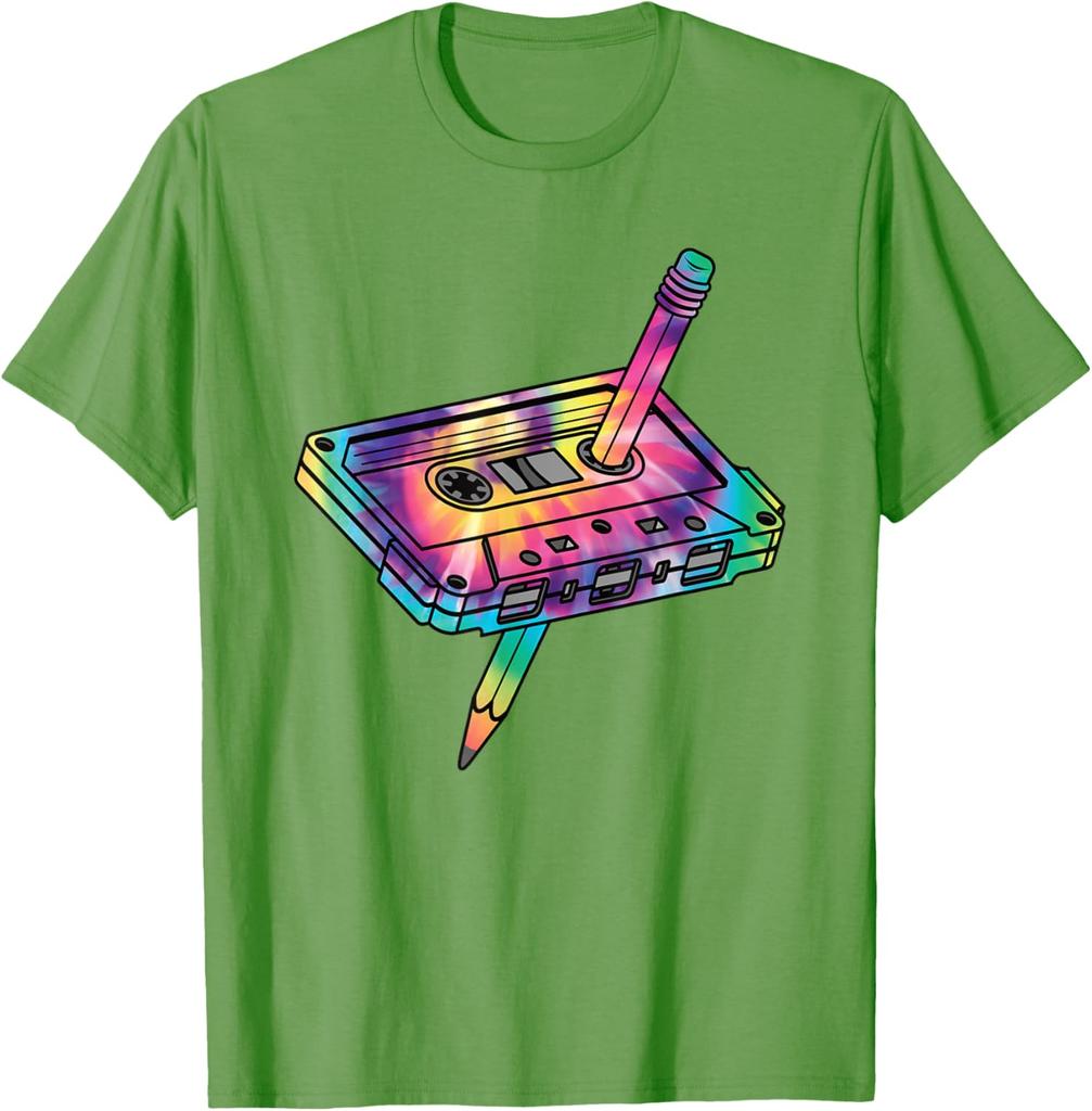 Retro Cassette Tape Tie Dye Graphic Tee 80s 90s Music Lover Casual Cotton T-Shirt