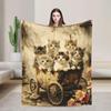 Vintage-Katzen mit Hüten und Blumen Flanell-Druckdecke geeignet für alle Jahreszeiten für Wohnzimmer Büro Sofa und Reisen