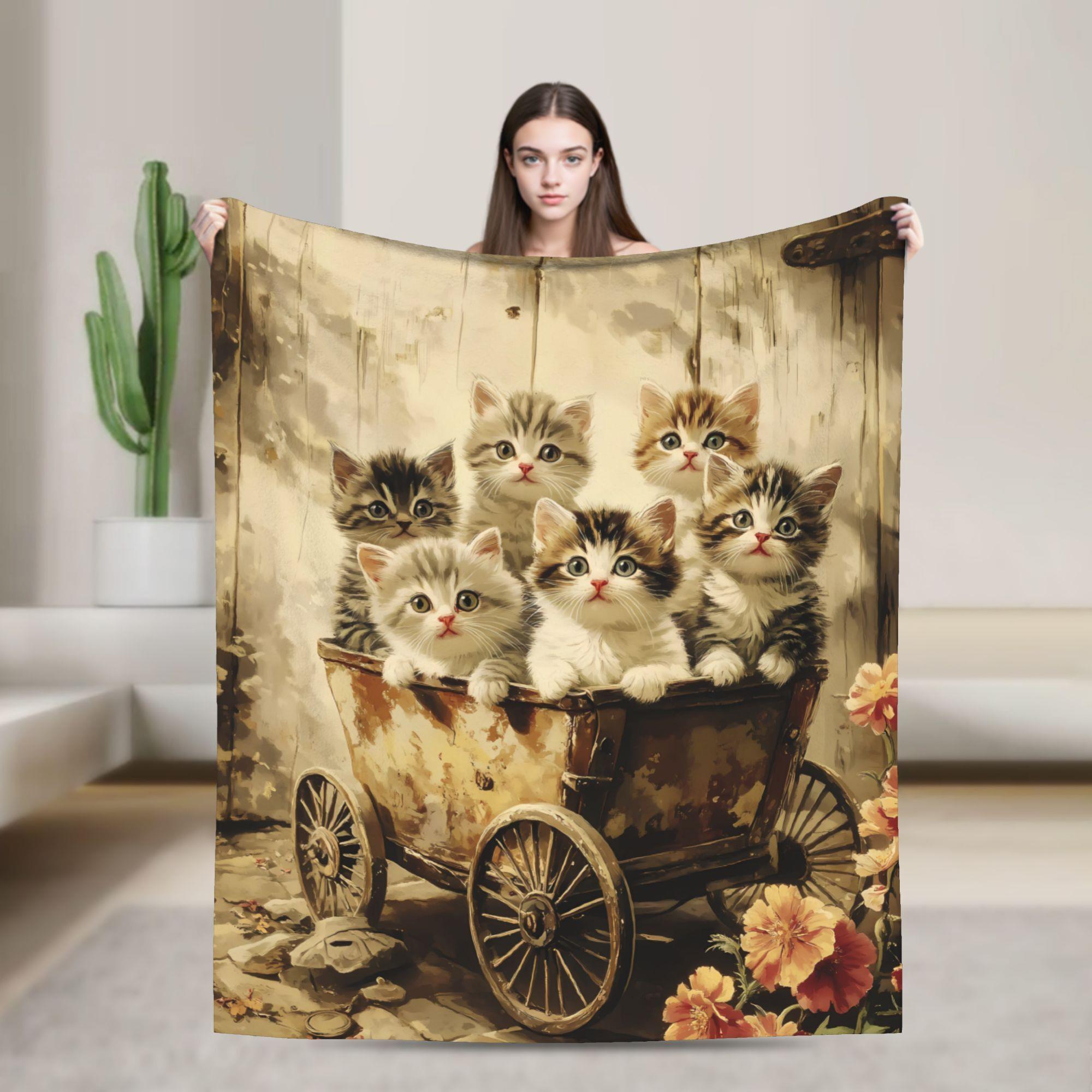 

Vintage cats wearing hats and flowers Flannel printed blanket suitable for all seasons for living room office sofa and travel 75x90cm