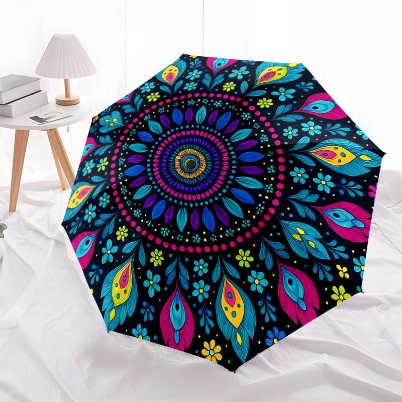 1pc Colorful Floral Mandala Pattern Umbrella with Plastic Handle,Suitable for All Seasons Home Travel Outdoor UmbrellaDD1328