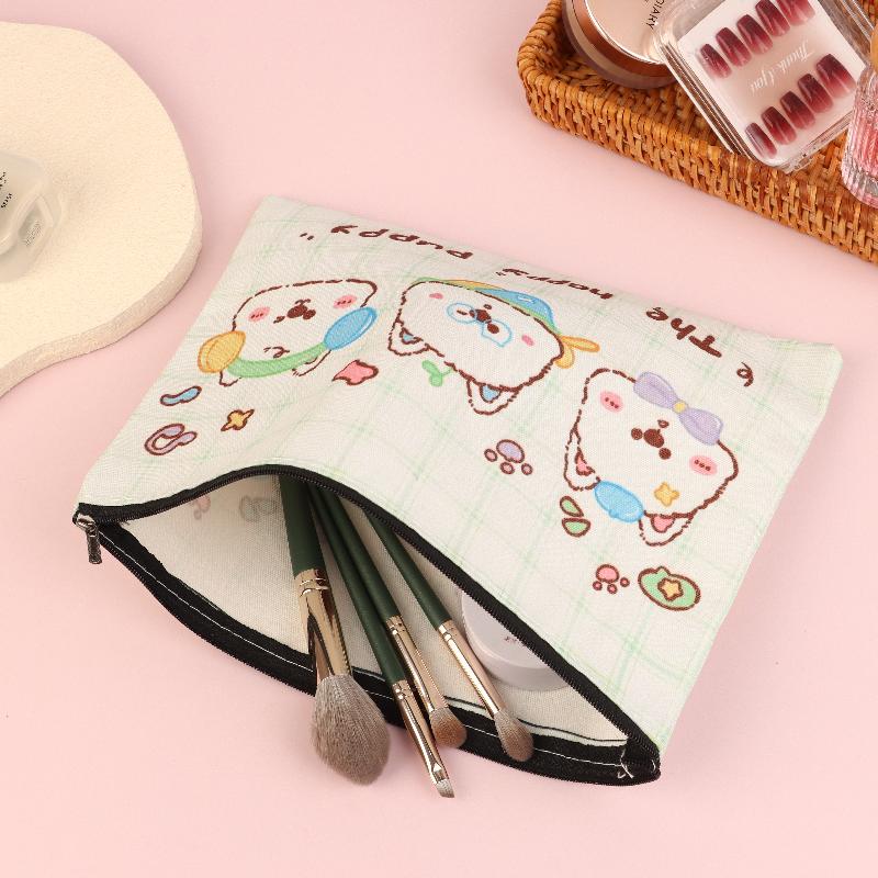 Happy Puppy Cosmetic Bag Lovely Cartoon Little Dog Makeup Storage Bag Travel Toiletry Bag Large Capacity Canvas Storage Pouch