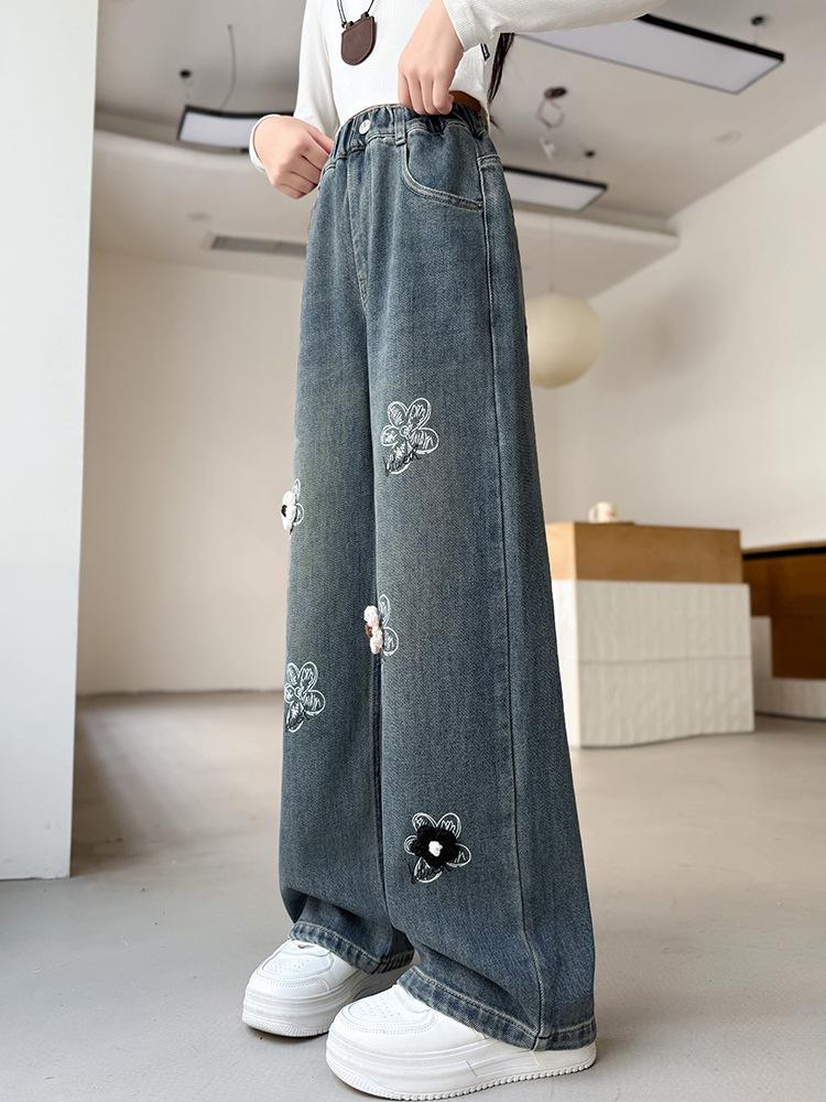 Autumn 2025 Girls' Wide Leg Jeans with 3D Flowers - Fashionable High Waist Straight Leg Pants for Kids