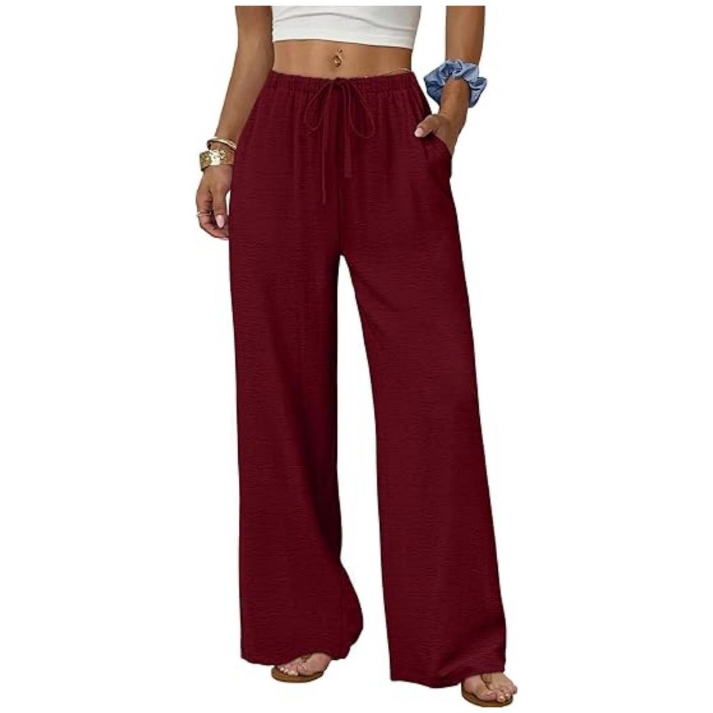 European & American Women's Casual Solid Wide-Leg Beach Pants with Elastic Waist & Pockets