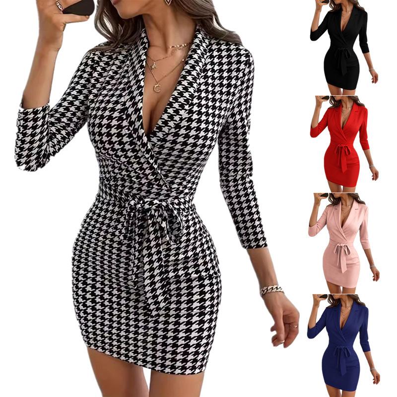 women's Lapel V Neck 3/4 Sleeve Houndstooth Print Tie Waist Bodycon Mini Dress Elegant Party Club Dress