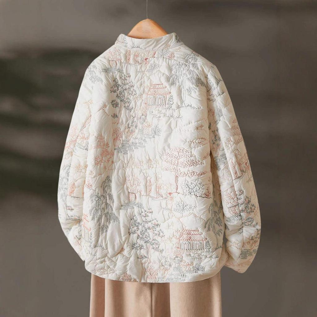 Autumn/winter Women Floral Embroidery Single Breasted Vintage Parker Casual Loose O-neck Long Sleeves Coats