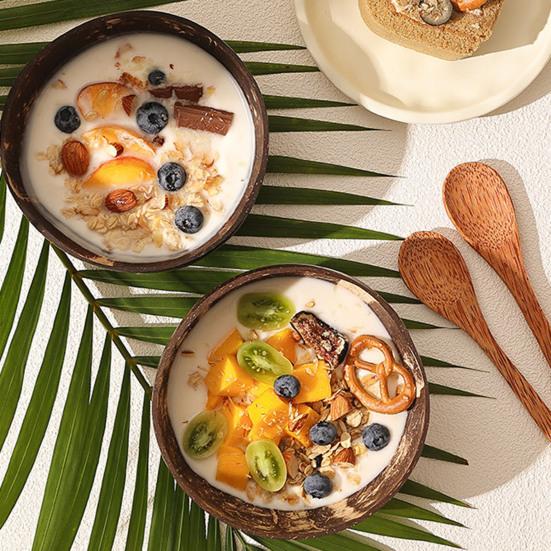 Coconut Bowl with Wood Spoon Natural Dinnerware Handmade Food Safe Bowl for Oatmeal