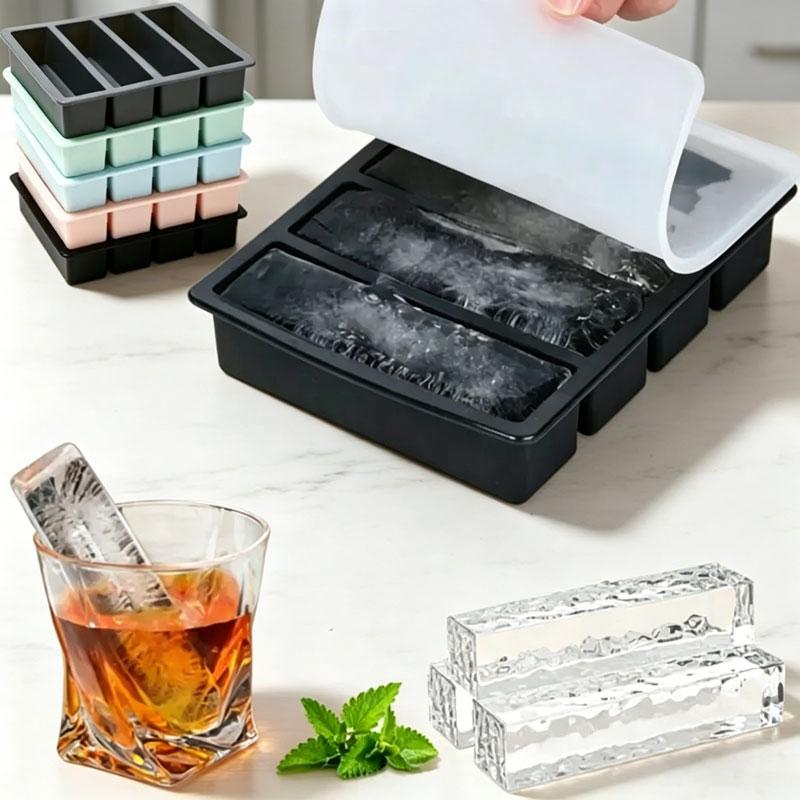 4-grid Long Square Ice Tray with Lid Food-grade Silicone Mold Freezer Tray Suitable For Beverage Cocktail Ice Tray Cube Ice Box