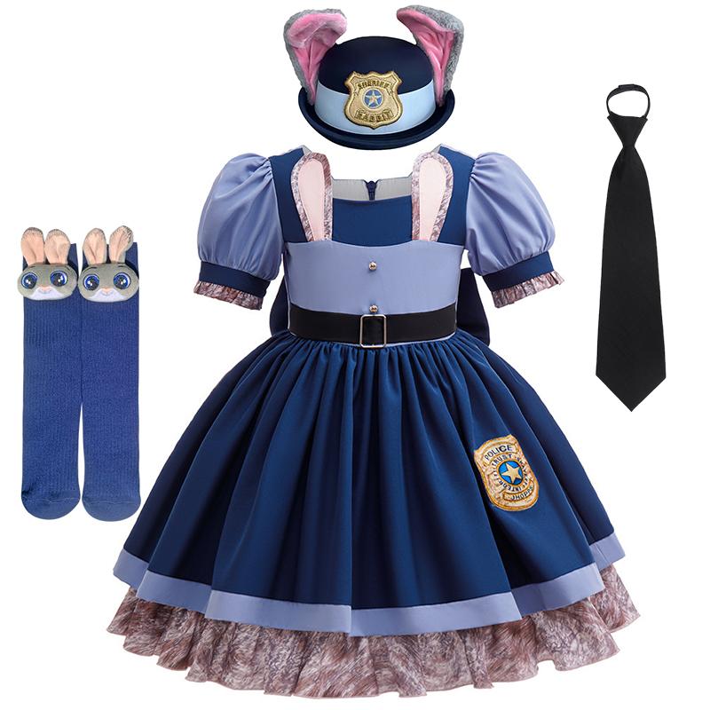 Girls Judy Bunny Police Officer Dress Zootopia 2 Bunny Costume for Kids Cosplay Dress With Accessories Fancy Outfits