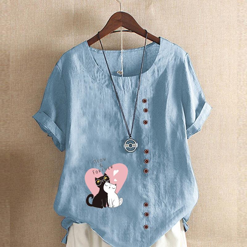Women's Fashion Couple Cat Prined Short Sleeve T-shirt Loose Cotton Shirt Casual Loose Summer Blouse Tops Plus Size