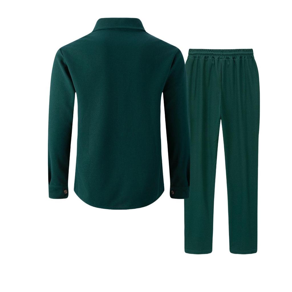 European & American Autumn Waffle Long Sleeve Two-Piece Cardigan Set with Double Pocket.