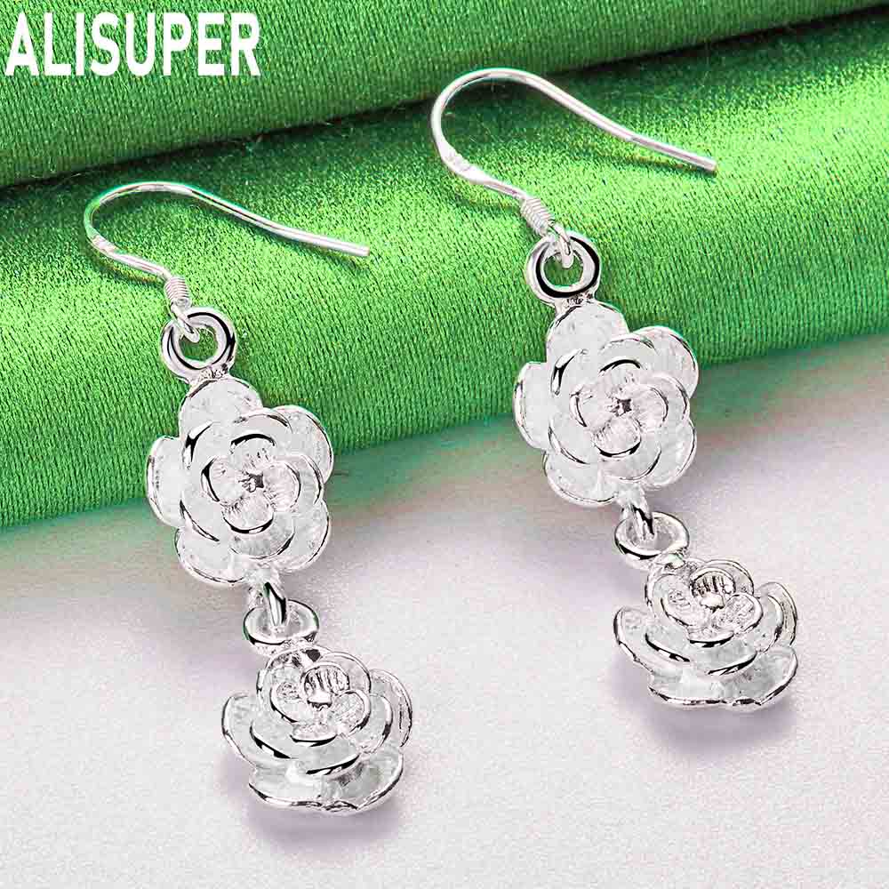 925 Sterling Silver Double-Layer 3D Rose Earrings - Fashionable Banquet Jewelry