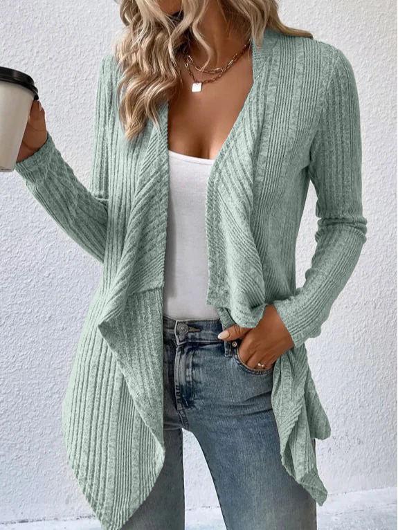 2026 Autumn/Winter Solid Color Ribbed Knit Cardigan - Open Front, Long Sleeve, Casual Women's Sweater