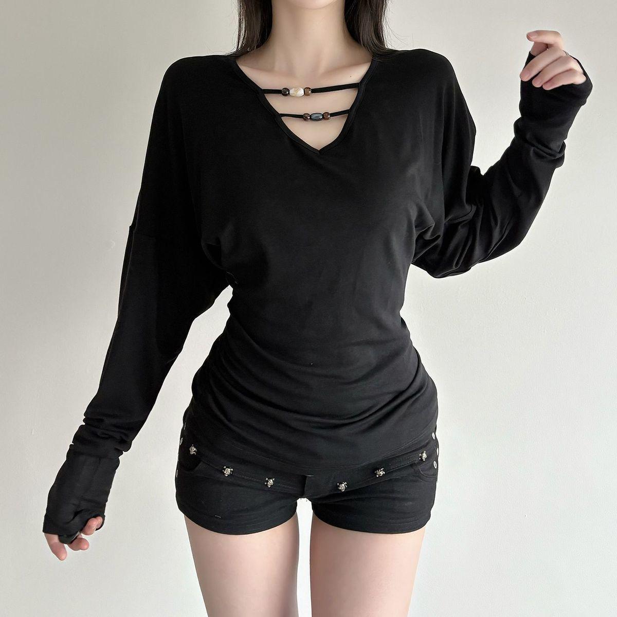 Women s Black Batwing Long Sleeve Pleated Slim Fit Top Small чёрный