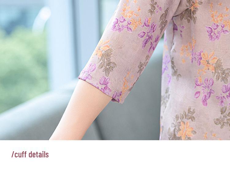 Mom's Elegant Seven-Sleeve Silk Floral Shirt for Women - Middle-Aged & Elderly