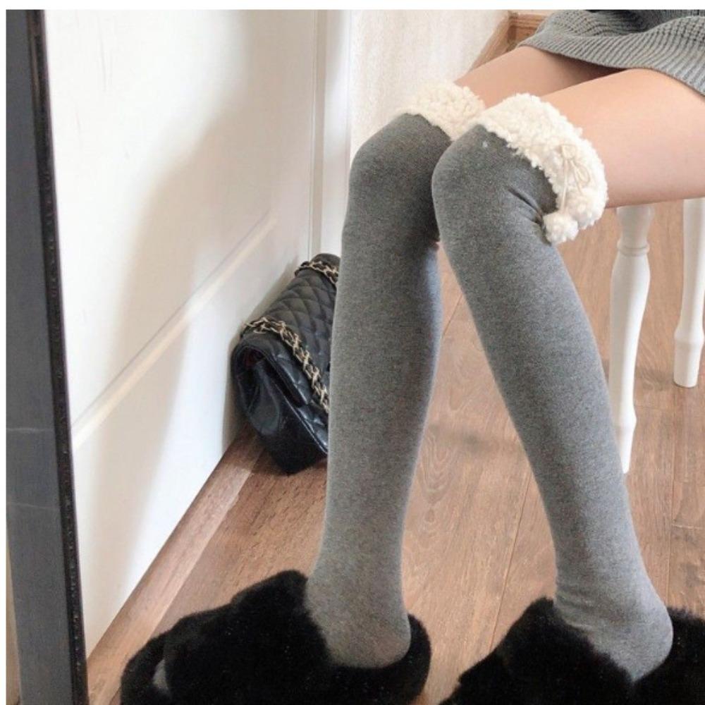 1 Pair Wool Ball Knee High Socks Vertical Stripe Plush Stockings Cute Over Knee Socks Women Girl
