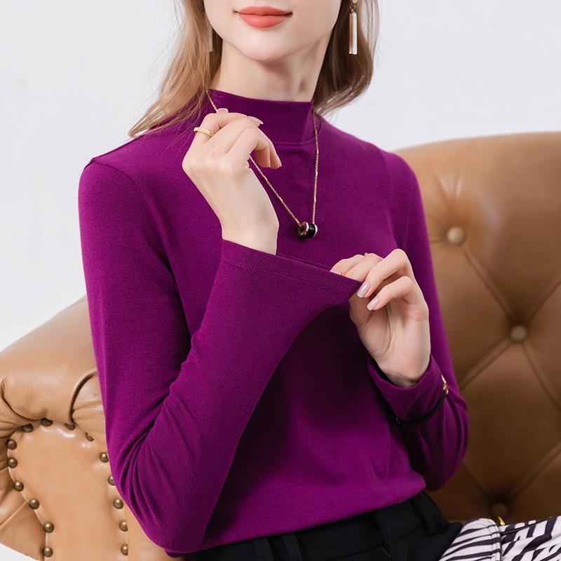 

Summer Women s Modal Cotton Bottom Shirt Women s Basic Small Stand-Up Neck Elastic Inner Long Sleeve T-Shirt Top XL фиолетовый