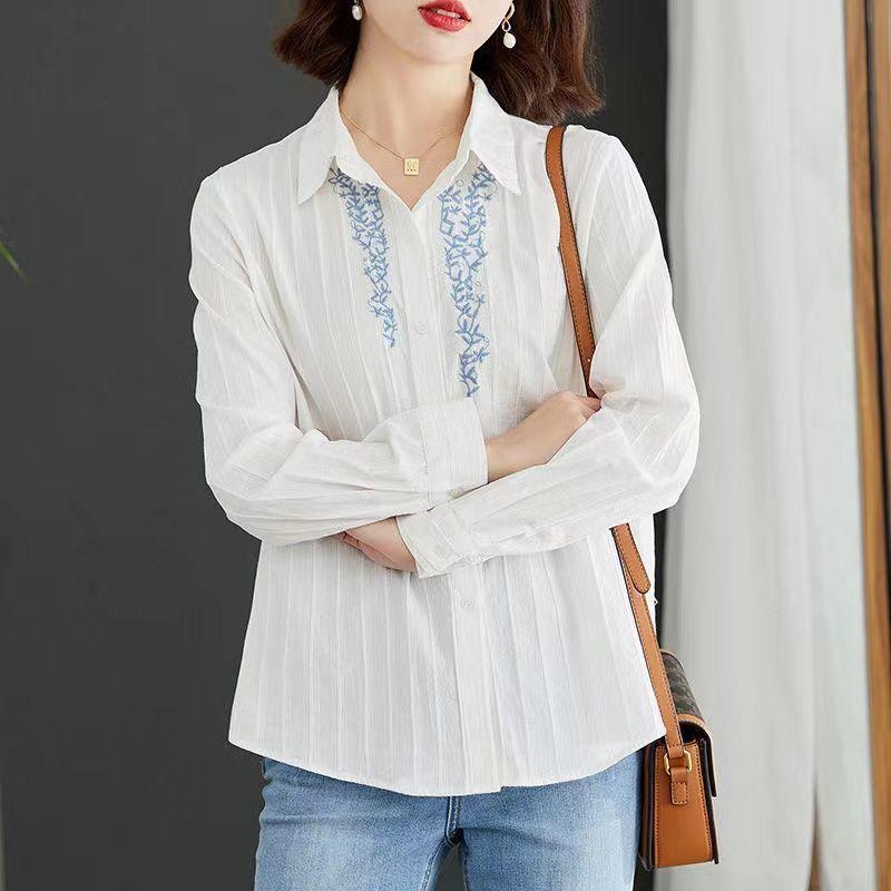 Cotton Embroidered White Shirt with Sun Protection Spring Autumn Design Niche Long Sleeved Blouse Top for Women