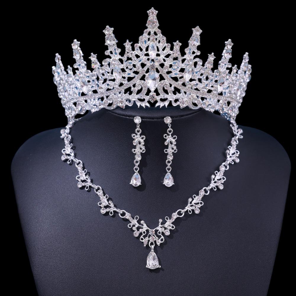 3 Pcs Hair Ornaments Bride Jewelry Sets Metal Necklace Earrings and Crown Sets  Women