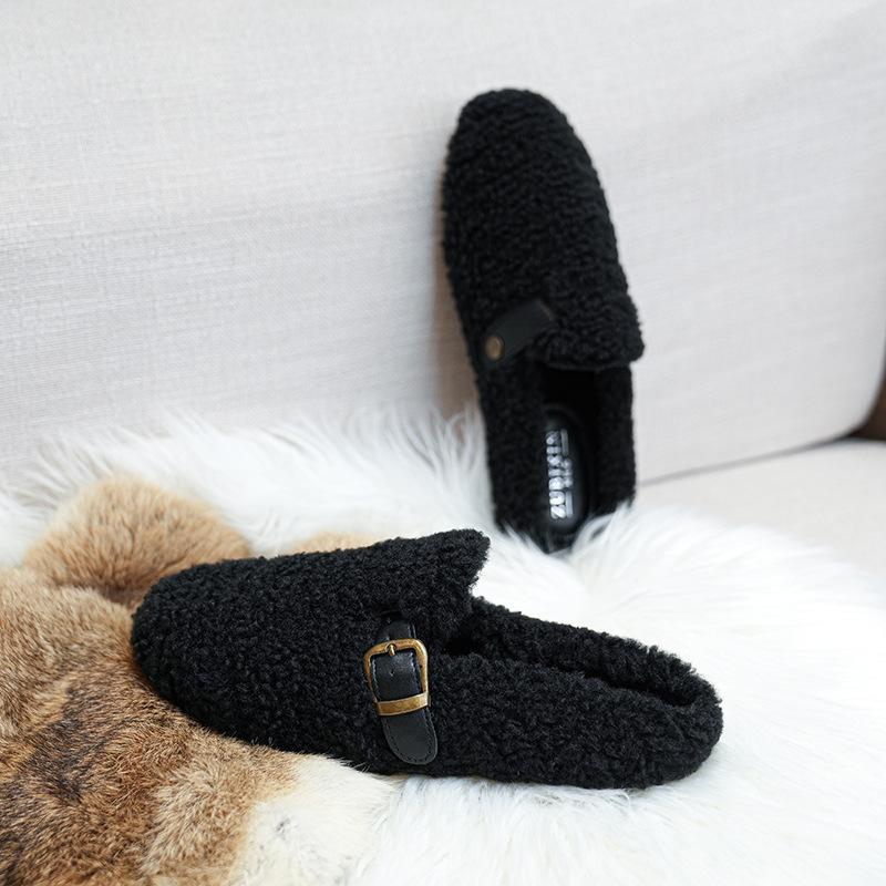Fashion 2025 Women Belt Buckle Wool Pantuflas Shoes Flats Slip On Sheep Fur Slippers Ladies Home Slides Femmes Cotton Lambswool Mules