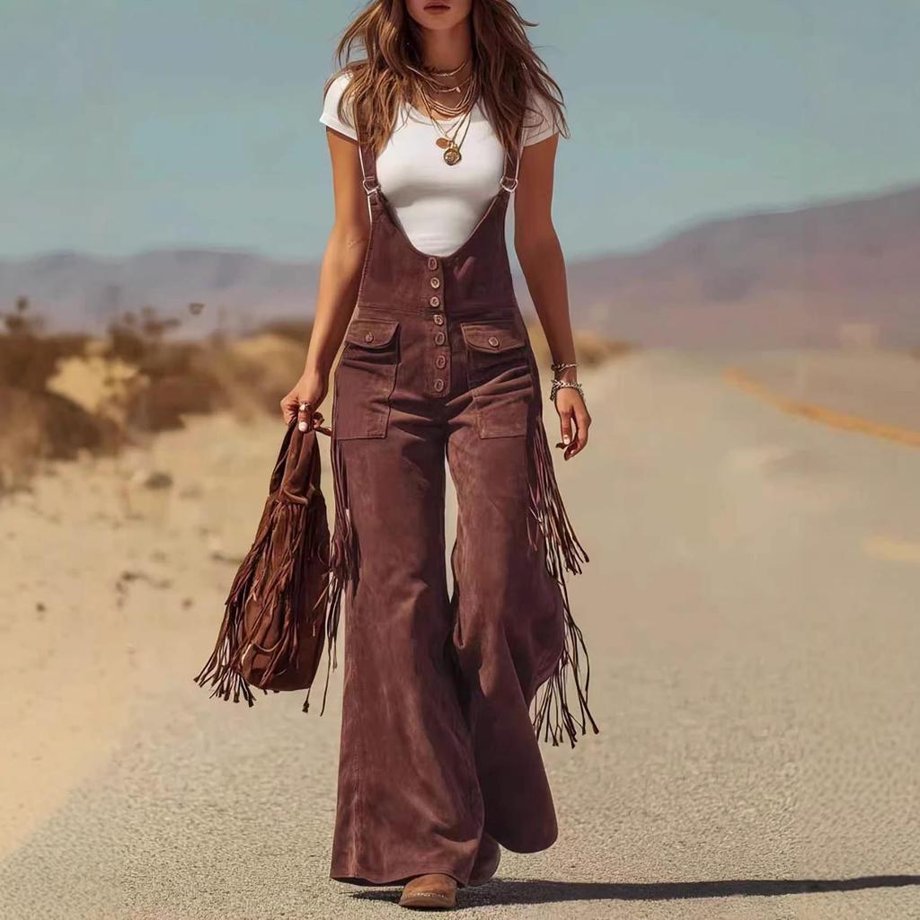 Salopette large rétro western en daim avec franges et décoration poche