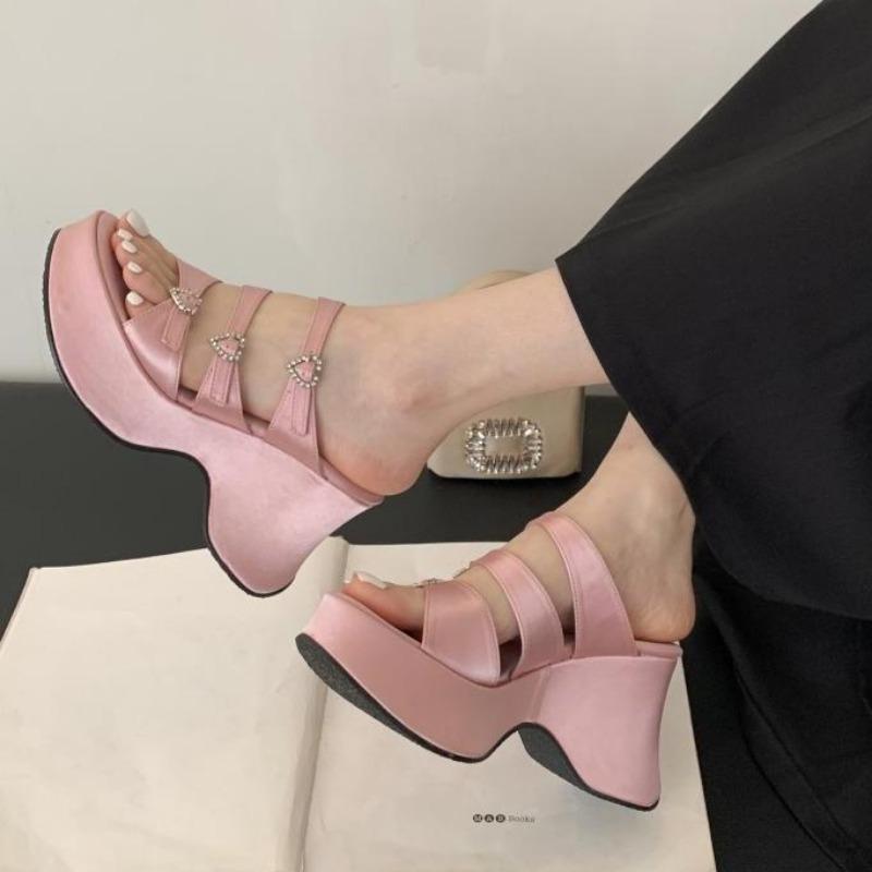 Fashion Heeled Slippers Woman Platform Sandals Summer Belt Crystals Buckle Chunky Shoes Black High Heels Zapatos De Mujer Sandals Woman