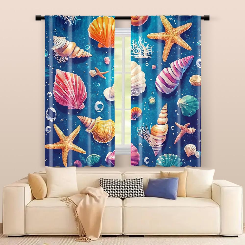 2 pcs, filtering curtains (excluding rods, non-movable, without batteries) Colored starfish and shells in blue for use in