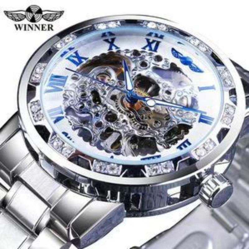 Winner One Winner Herren Mode Lässig Skelett Strass Manuell Mechanische Uhr für Herren Trendig