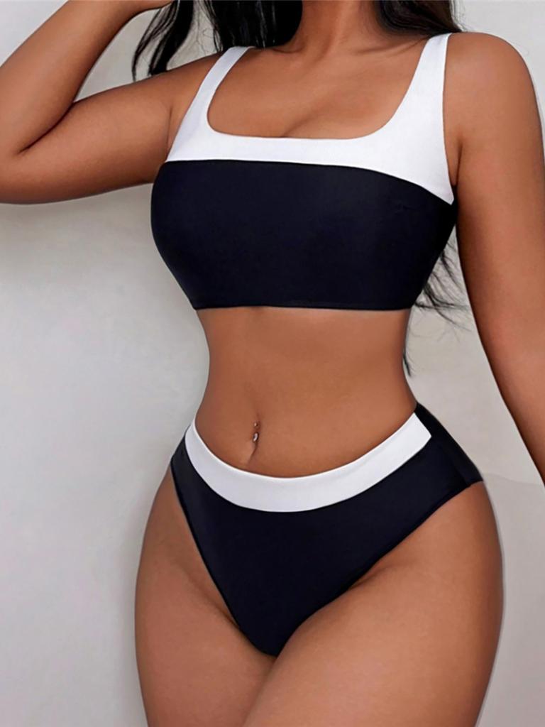 Sexy Splicing Mid Waist High Leg Cut Bikini Female Swimsuit Women Swimwear Two-pieces Bikini set Bather Bathing Suit Swim V5879