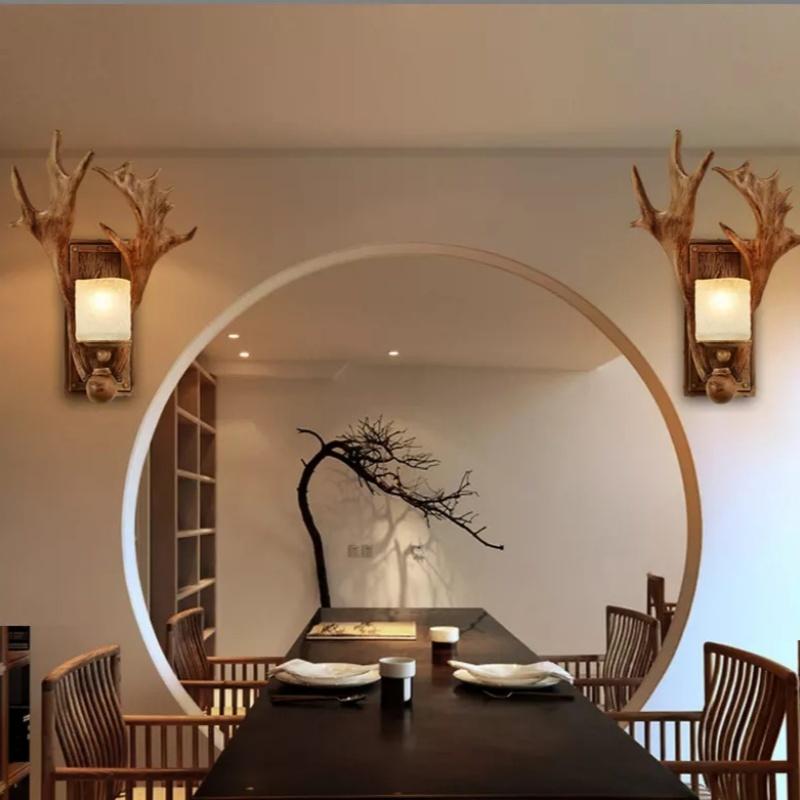 American Retro Deer Horn LED Wall Lamp Living Room Restaurant Bedroom Study Light Creative Coffee Shop Homestay Decor Lighting