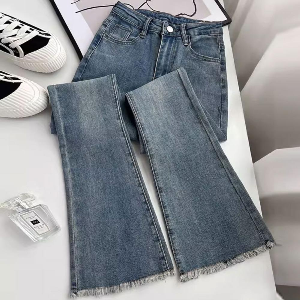 High-waisted Stretch Slim-fit Straight Horseshoe Trousers with Rough Edge and Floor Flares